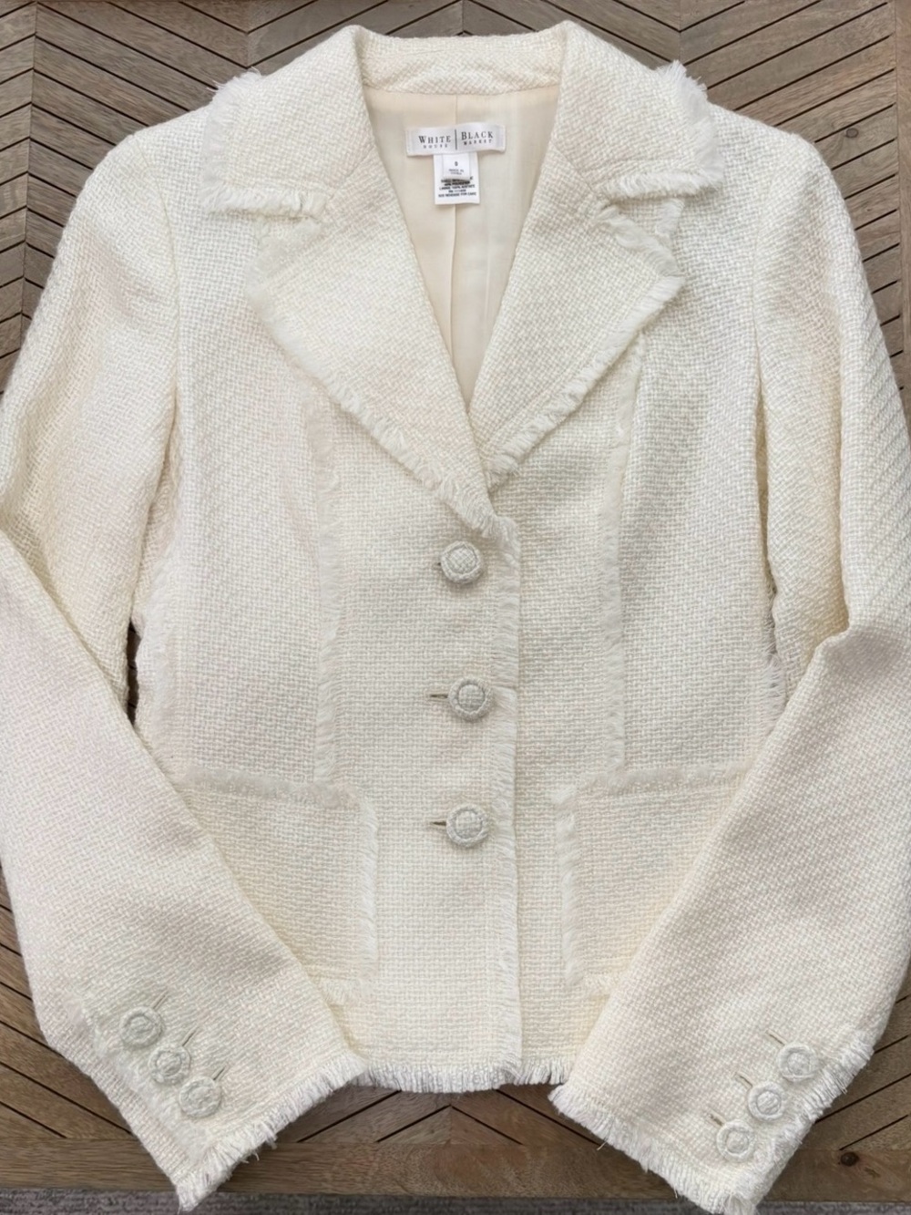 White House Black Market Cream Textured Tweed Frayed-Edge Blazer